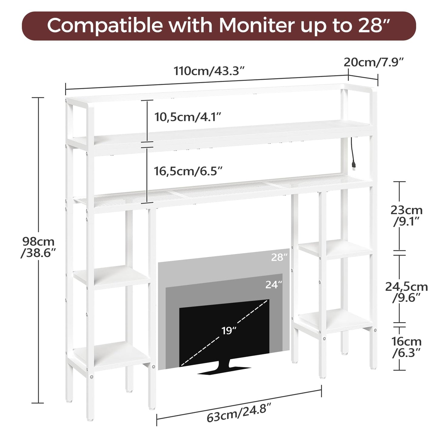 MAHANCRIS Desk Shelf, 43.3" Desk Hutch with Light Strip, Office Desktop Organizer, 5 Tier Desktop Bookshelf for Computer Monitor, Storage Rack for Study, Home Office, White DSWT9801