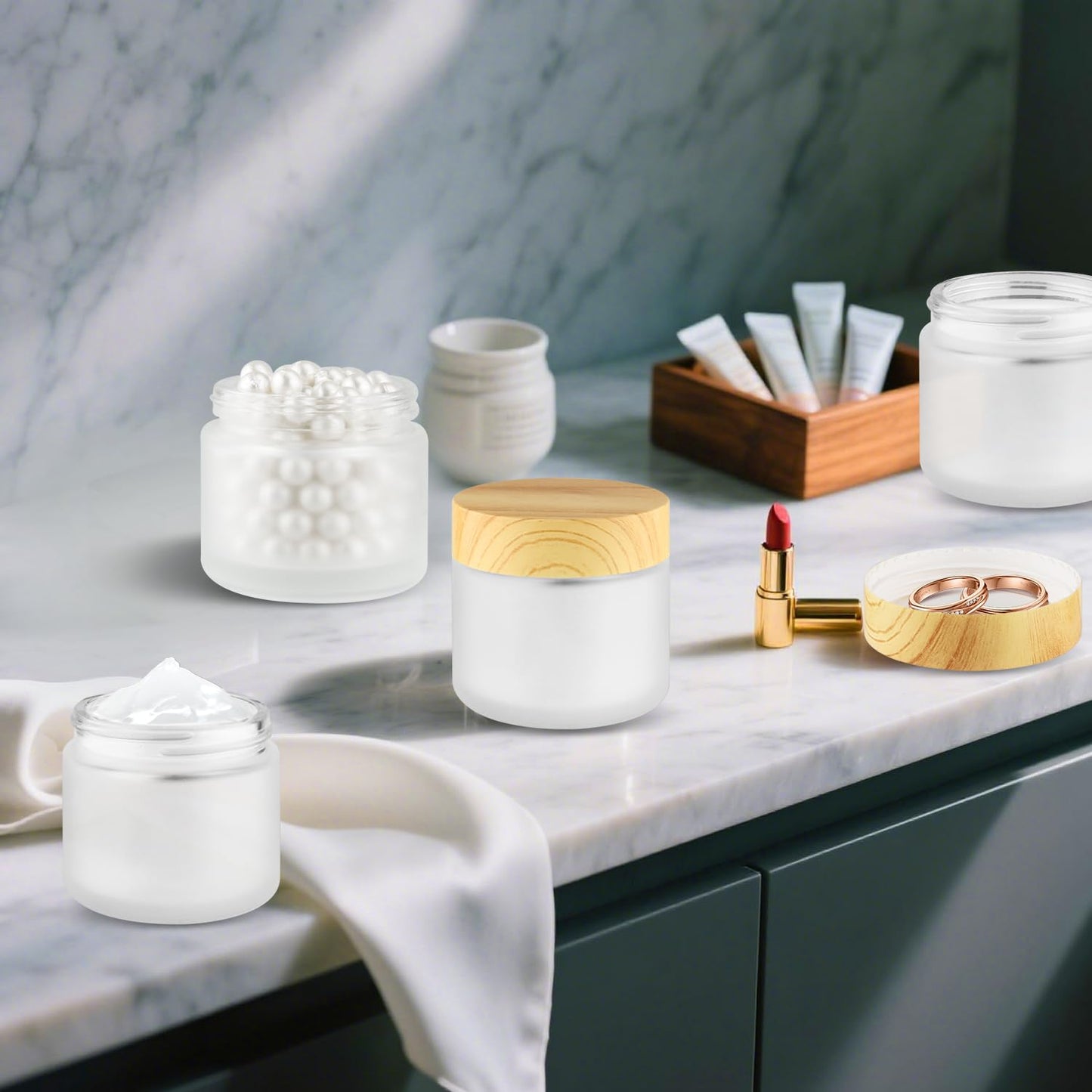 10 Pcs 60g/2oz Frosted Cream Jars Travel Size Glass Cosmetic Containers Empty Glass Jars with Wood Grain Lids for Makeup Lotion Face Cream - White