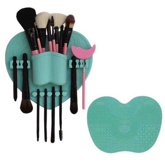 LORMAY Silicone Makeup Brush Organizer with Makeup Brush Cleaning Mat - Brush Holder for Air Drying, Easy to Mount to Wall, Mirror, Dresser or Tile, Mint Green