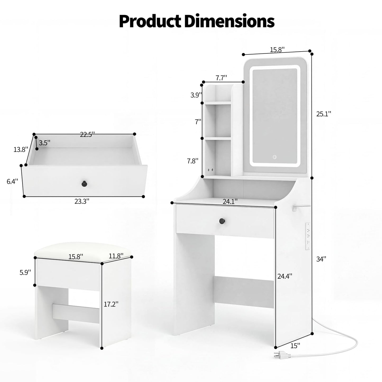 DUMOS Makeup Vanity Desk with Mirror and Lights, Small Vanity with Storage Bench, Charging Station and Hair Dryer Holder, Dressing Table with Drawer and Three Shelves, White