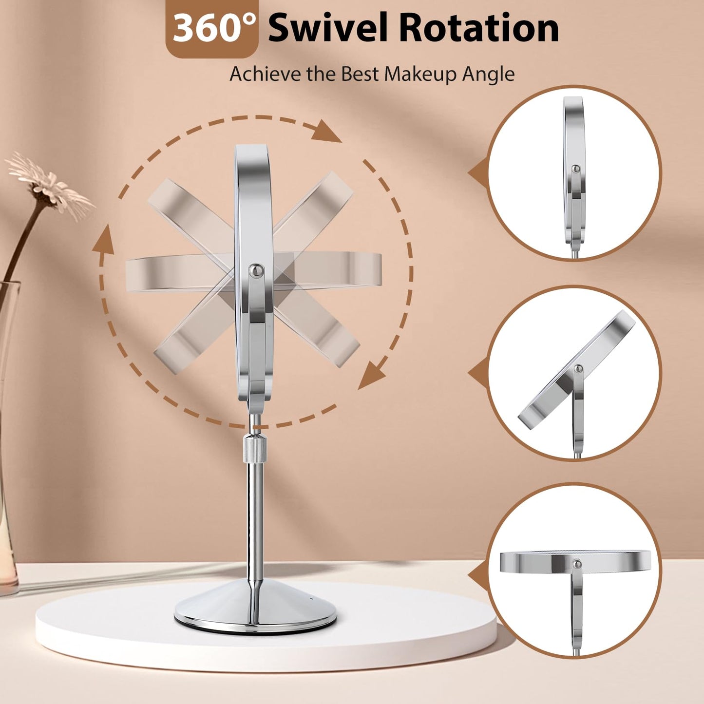 FFowcye 8" Lighted Makeup Mirror with Adjustable Height, 1X/10X Magnification, Rechargeable LED Vanity Mirror with 3 Color Modes, 360° Rotating Touch Screen, Magnifying Tabletop Cosmetic Mirror