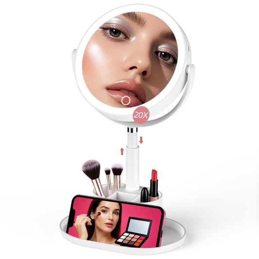 Shinowa Makeup Mirror with Lights and Storage, Rechargeable Double Sided Vanity Mirror, 1X/20X Lighted Magnifying Mirror, 3 Color Lighting, Height Adjustable 360° Rotation, Memory Function, White