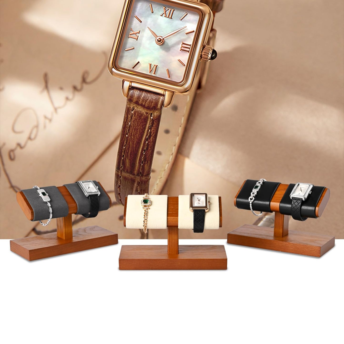 Oirlv Solid Wood Double Watch Display Stand Watch Bracelet Organizer（Black）