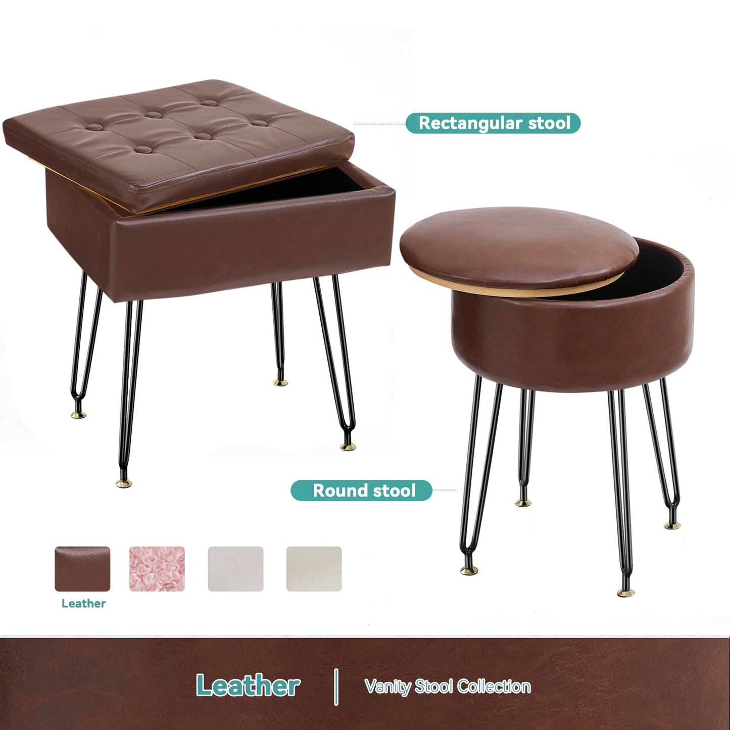 BRIAN & DANY Vanity Stool, Leather Vanity Stool Chair with Storage, Round Makeup Chair Soft Padded Seat with Legs for Bedroom (Brown)