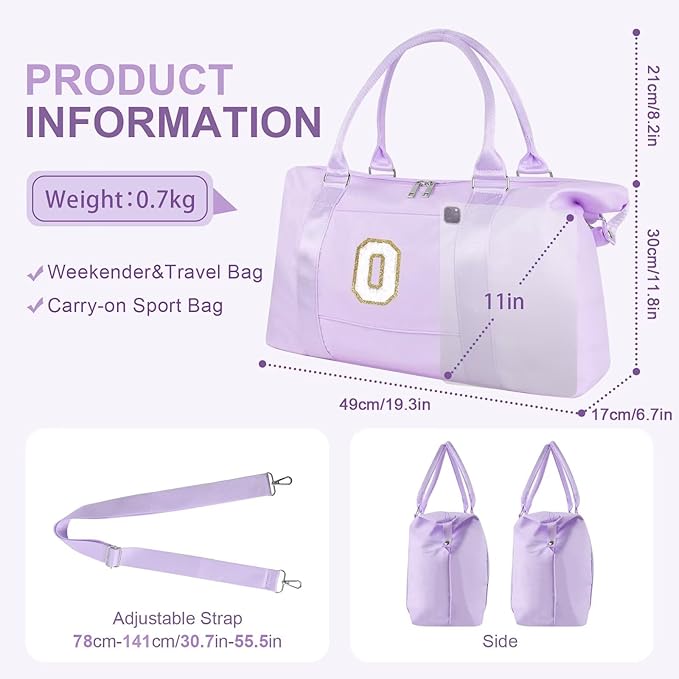 Dance Gym Duffel Bag for Teen Girls, Personalized Initial Travel Weekender Bag,Cute Overnight Carry On Duffle for Women,Sports Travel Cheer Bag,Monogram Christmas Gifts for Tween Preppy(purple-O)