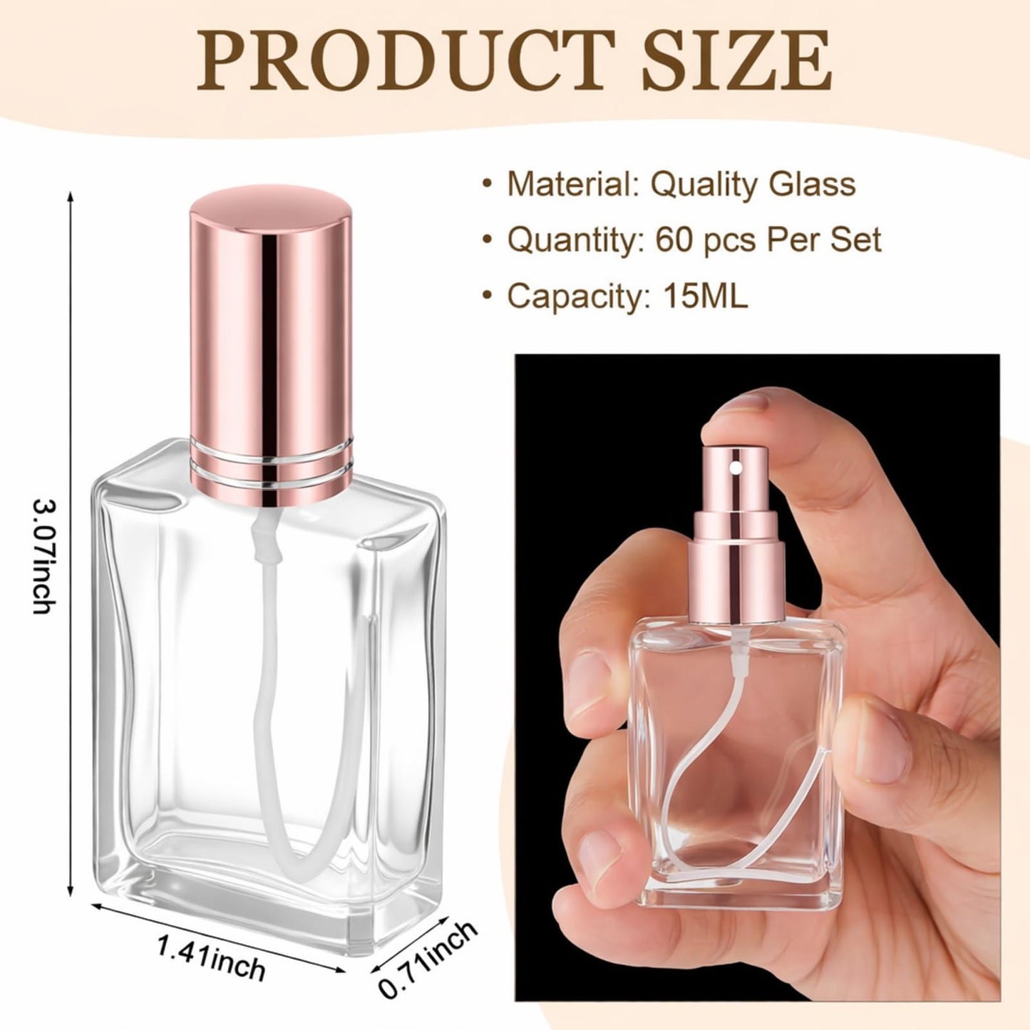 Domensi 30 Pcs 10/15/30/50 ml Glass Square Perfume Bottles Mini Glass Empty Spray Atomizer Bottles Bulk Refillable Perfume Dispenser Container with Pump Tool for Travel (15 ml,Rose Gold)