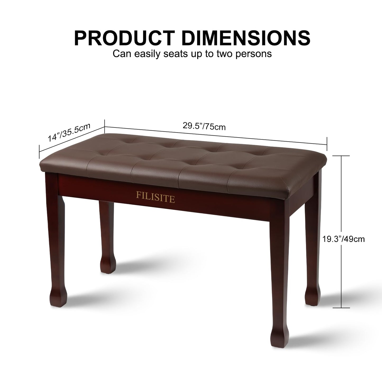 FILISITE Duet Piano Bench with Storage, Wooden Piano Stool with Waterproof Padded Cushion, Bench Seat for Vanity, Living Room, Bedroom (Brown)