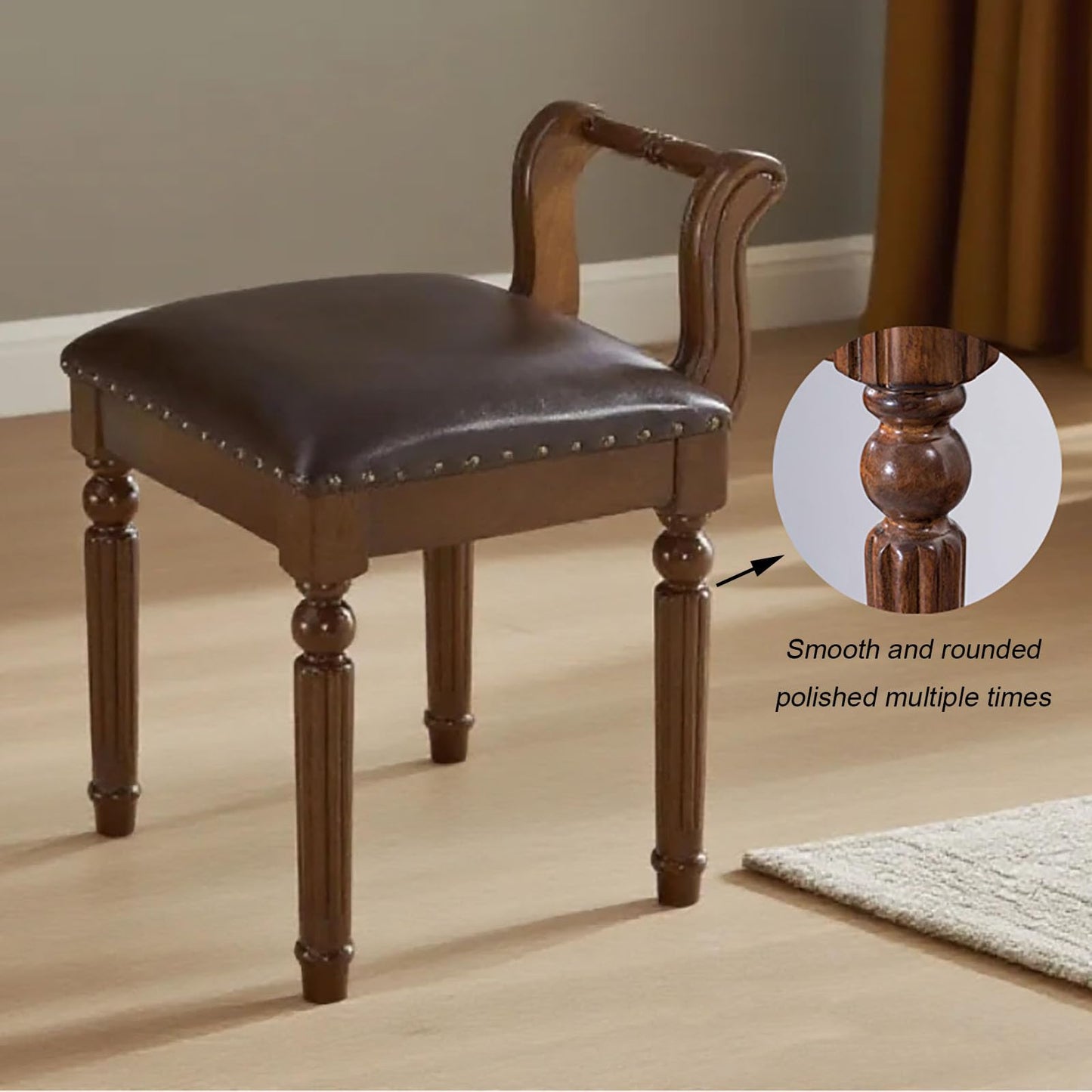 DEBJGO Leather Ottoman Vanity Stool,Brown Chair for Makeup Room,Upholstered Fabric Vanity Bench Seat for Bedroom Living Room Dining Room Makeup Chair Piano (Walnut, 23×17×15)