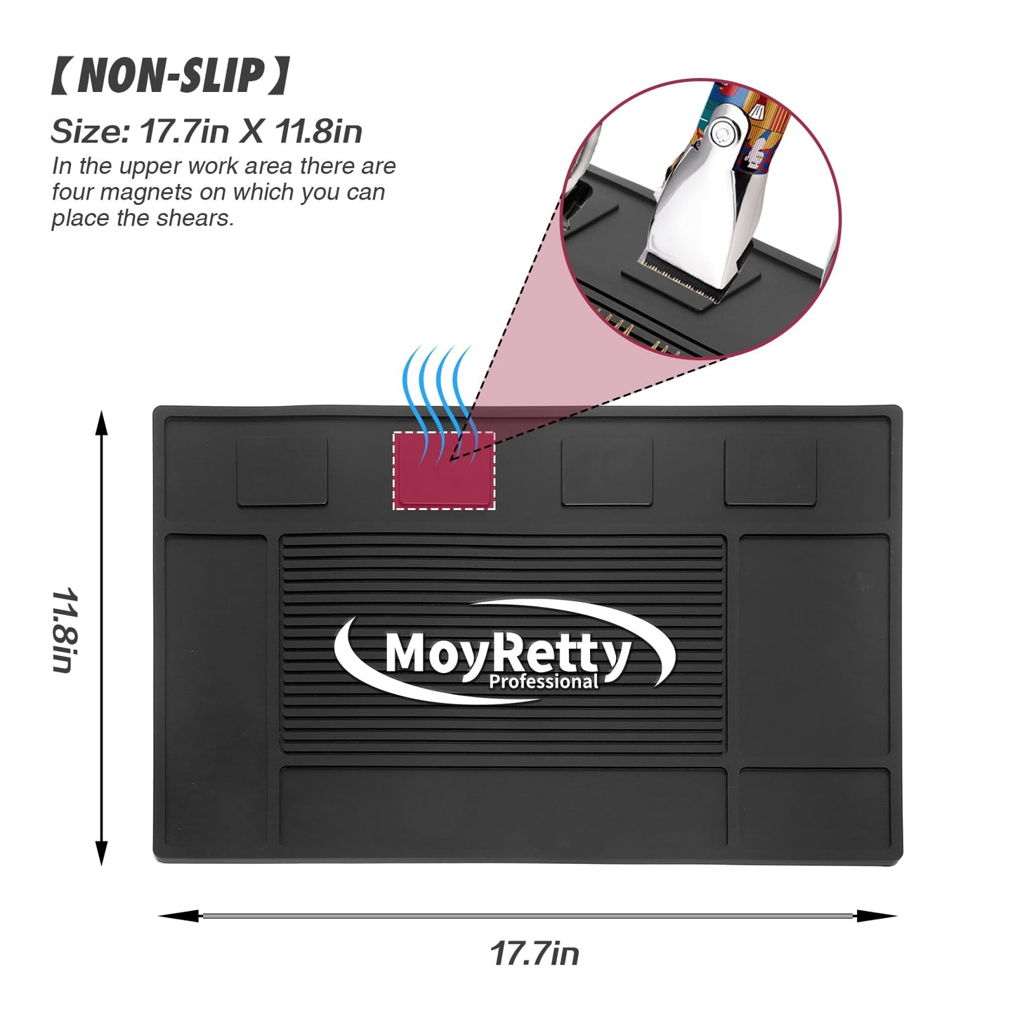 MoyRetty Magnetic Barber Organizer Mat for Clippers(17.7'' x 11.8''), Professional Anti-Slip Heat-Resistant Silicone Pad for Hair Stylist Supplies- 4 Magnets