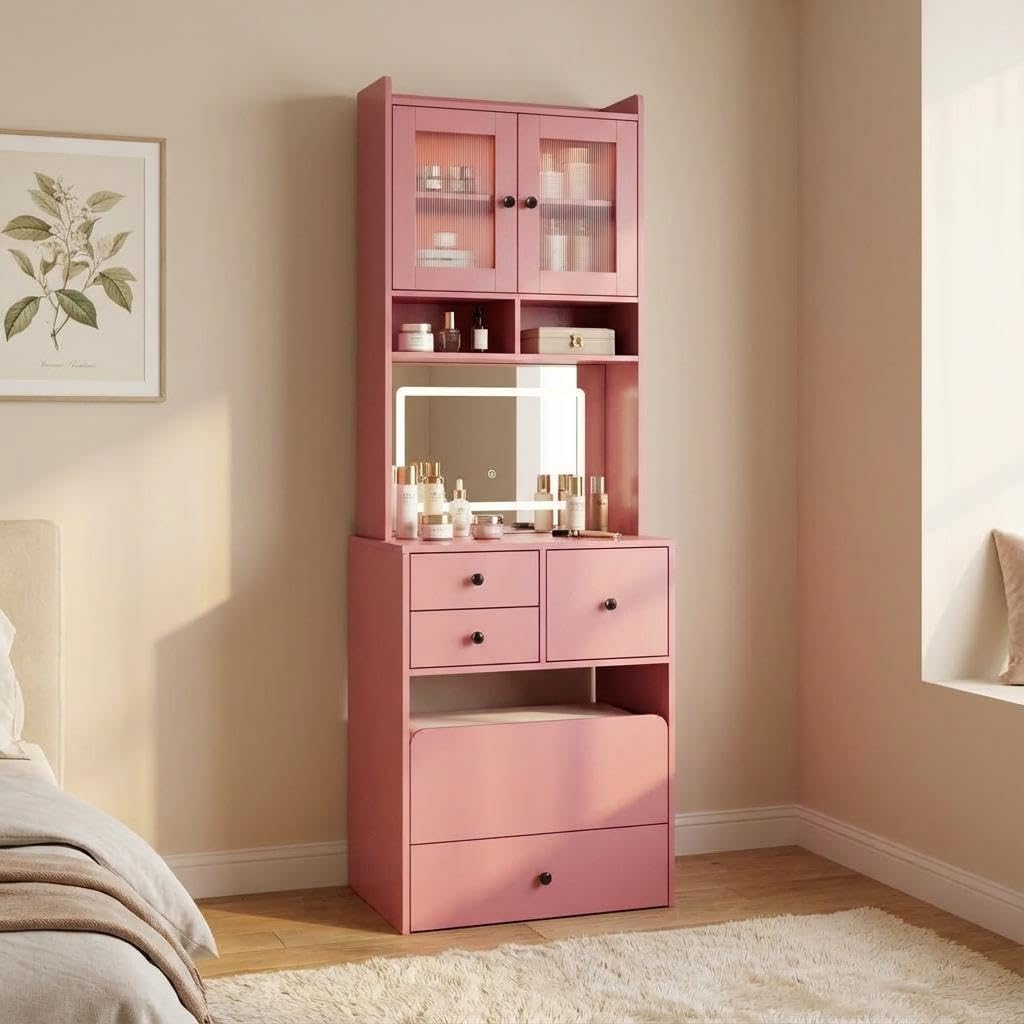 3-in-1 Make Up Vanity Desk with Mirror & Lights, Compact Vanity Table with Drawers, Storage Compartment and Rolling Stool, Modern Small Makeup Vanity and Storage Chair for Bedroom, Powder Room