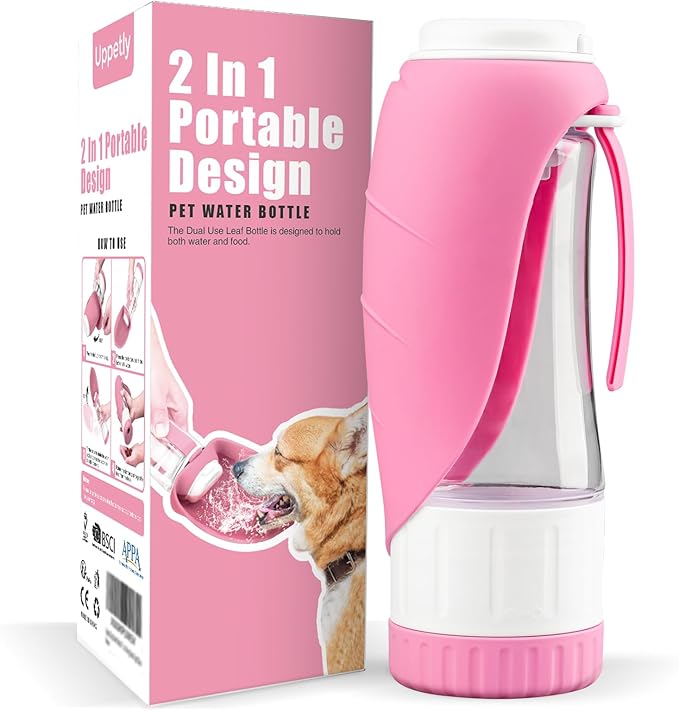 Dog Water Bottle, Pet Water Bottle with Food Container and Drinking Feeder, Leak Proof, BPA-Free, Portable Foldable Puppy Water Cup Dispenser for Outdoor Walking, Travel, Hiking Small Pink
