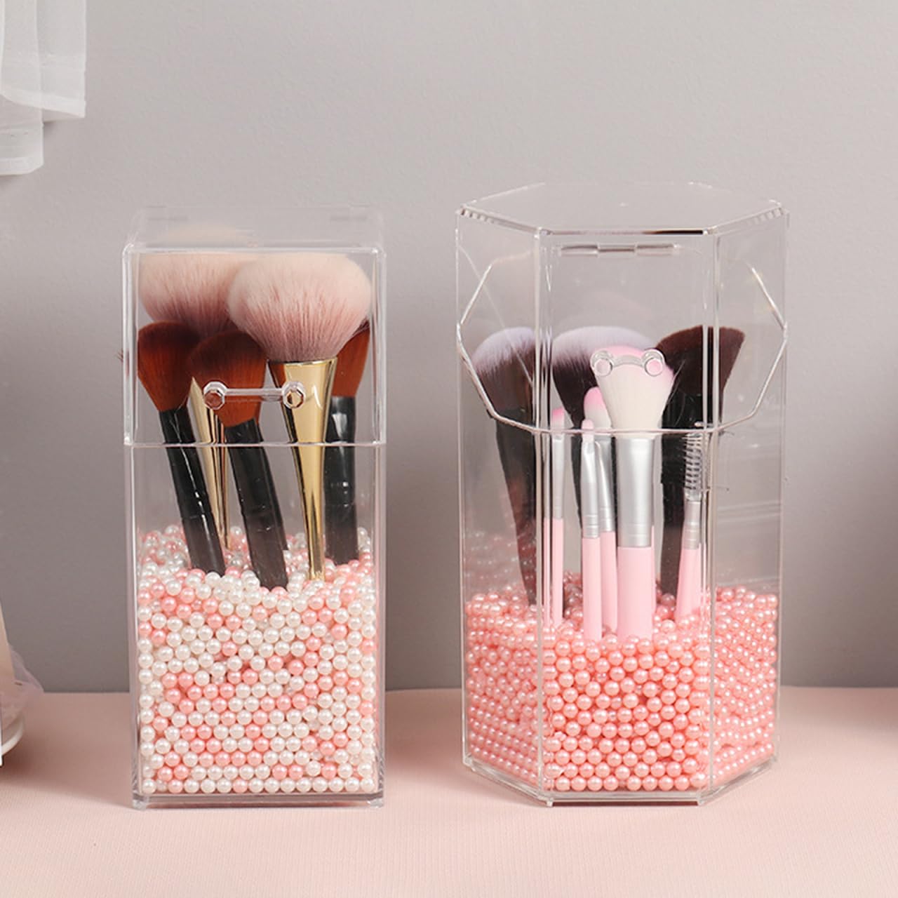 ARTIBETTER Acrylic Makeup Brush Cup, 2pcs Square & Hexagonal， Dustproof Flip Lid Storage Container， Cosmetics Organizer for Vanity Table