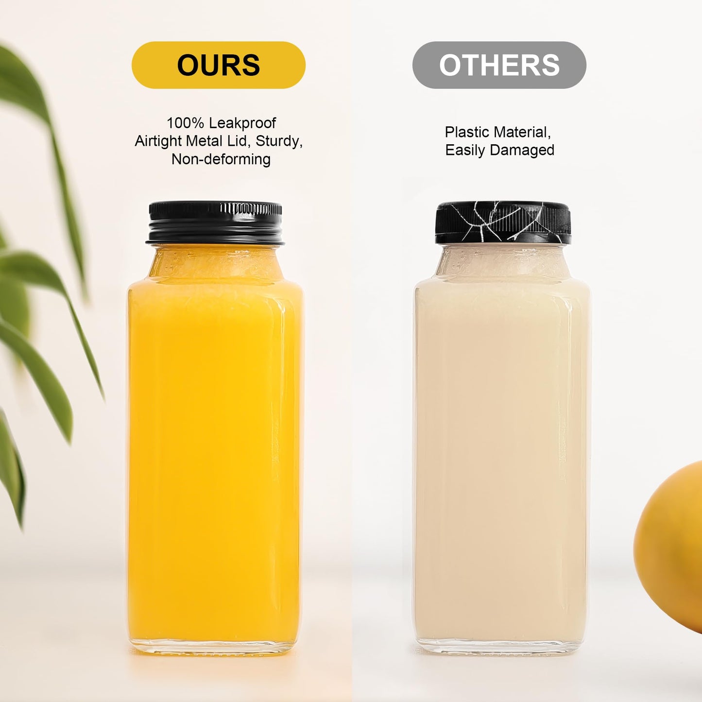 15 Pack 8 oz Glass Juice Bottles with Black Lids & Labels, Reusable Travel Juice Storage Containers, Clear Glass Drink Jars for Juicing, Water, Ginger, Wellness Shots - Leakproof, Dishwasher Safe