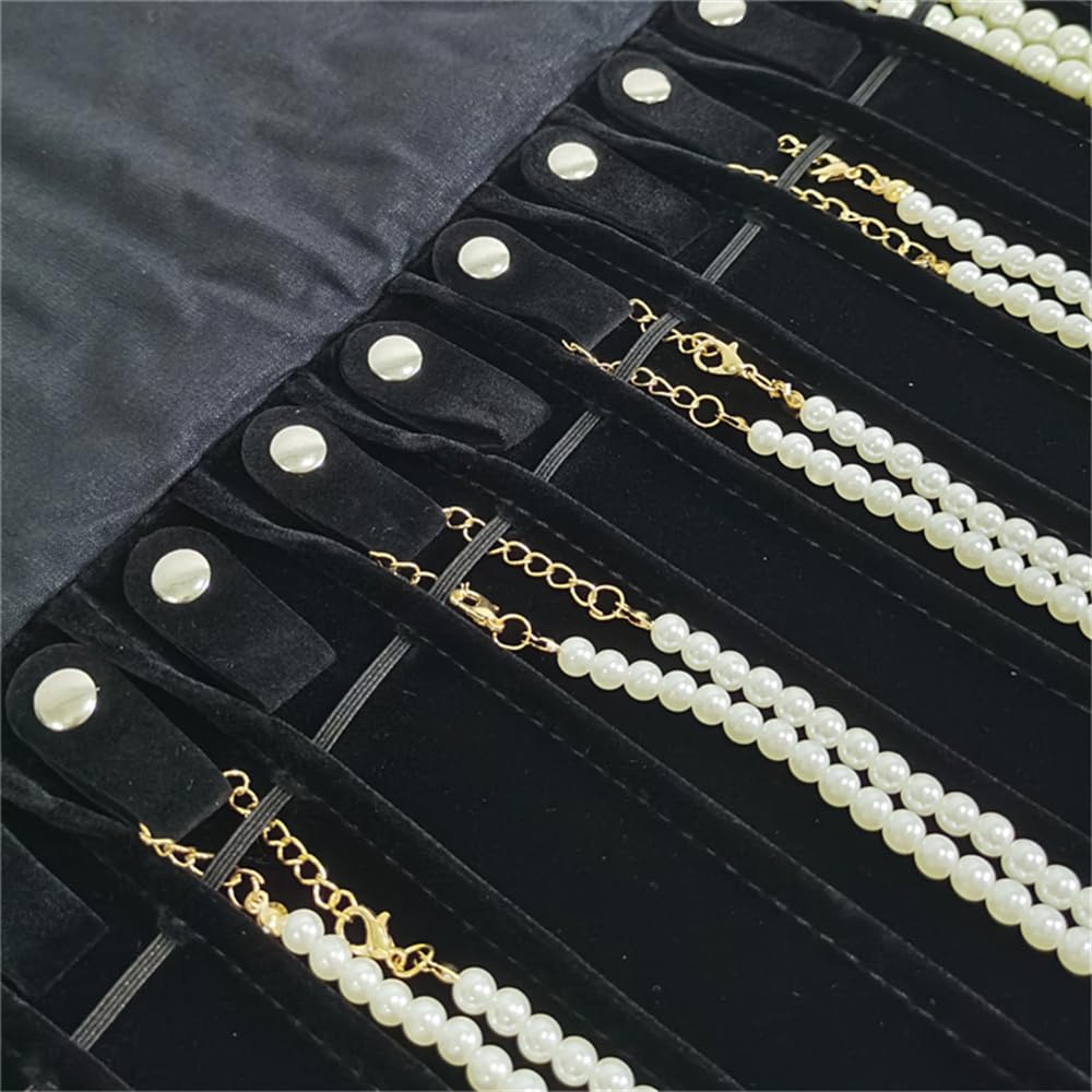 SCIKHEFT Portable Jewelry Roll Untangled Secure Necklace Travel Storage Bag Displays Holder 16 Chain (Black Diamond)