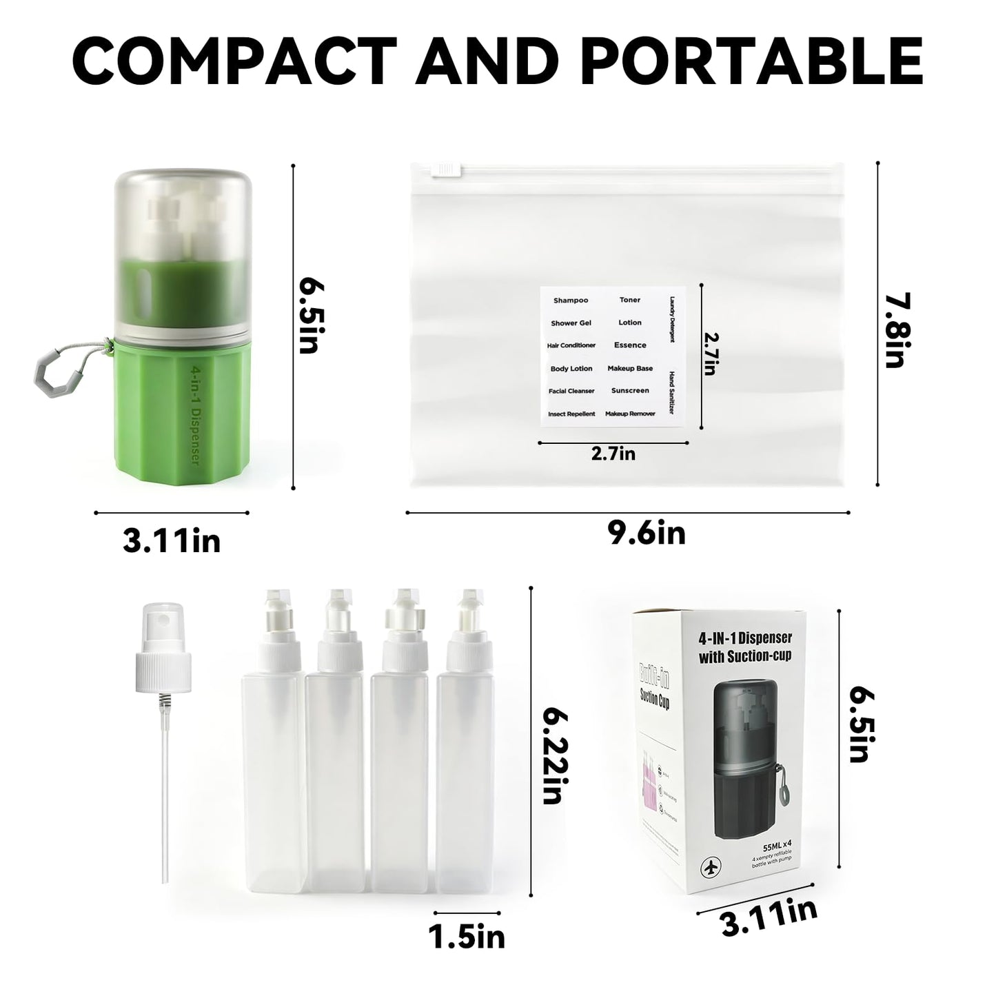 MORMID 4 in 1 Travel Dispenser，Unbreakable Silicone Travel Dispenser Bottle, Vacuum Suction Wall Mounted Refillable Containers,Leakproof Toiletry Containers for Shampoo, Lotion, Baby Care-Green.