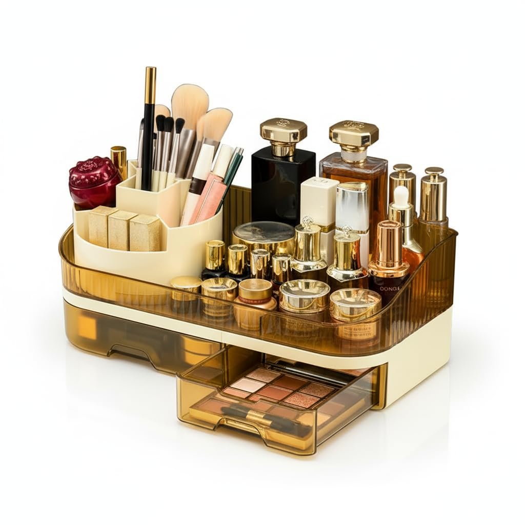 Tidyladyo Makeup Organizer Countertop with Dual Drawers, Large Capacity Cosmetic Storage for Vanity Bathroom Skincare, 360° Rotating Makeup Brush Holder