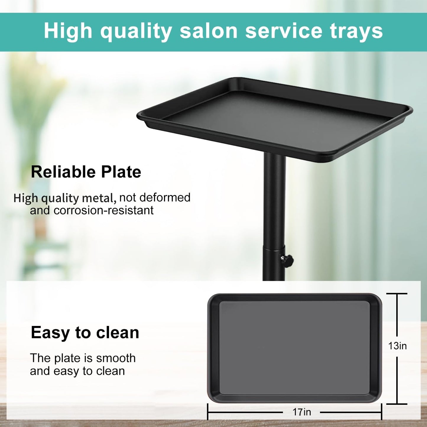 Salon Tray on Wheels, Salon Rolling Tray with Adjustable Height, Black Salon Tray, Salon Color Tray Ideal Use As Metal Mayo Stand Tray, Tattoo Tray, Medical Tray