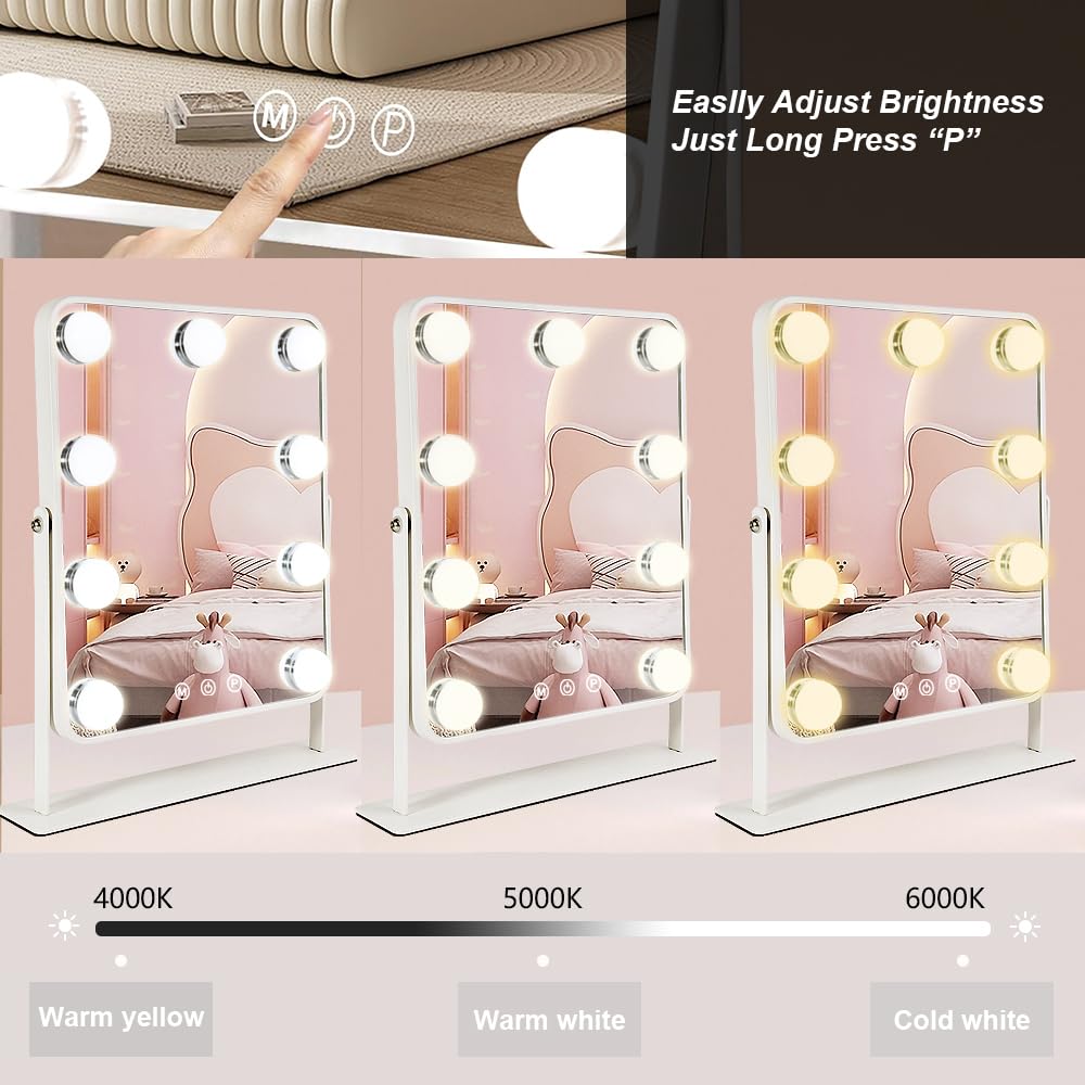 YEKKOPT Vanity Mirror with Lights,Lighted Makeup Mirror with 9 LED Bulbs, Light Up Makeup Mirror with Lights for Dressing Room & Bedroom,Smart Touch Control,360 Rotation