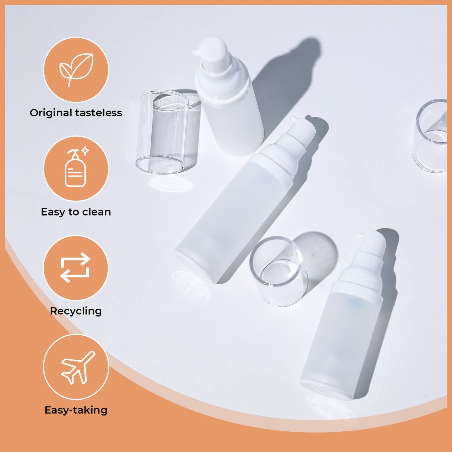 LONGWAY 1oz 30ml Airless Cosmetic Cream Pump Bottle Travel Size Dispenser Refillable Containers/Foundation Travel Pump Bottle for Shampoo（Pack of 6, Frosted Translucent）