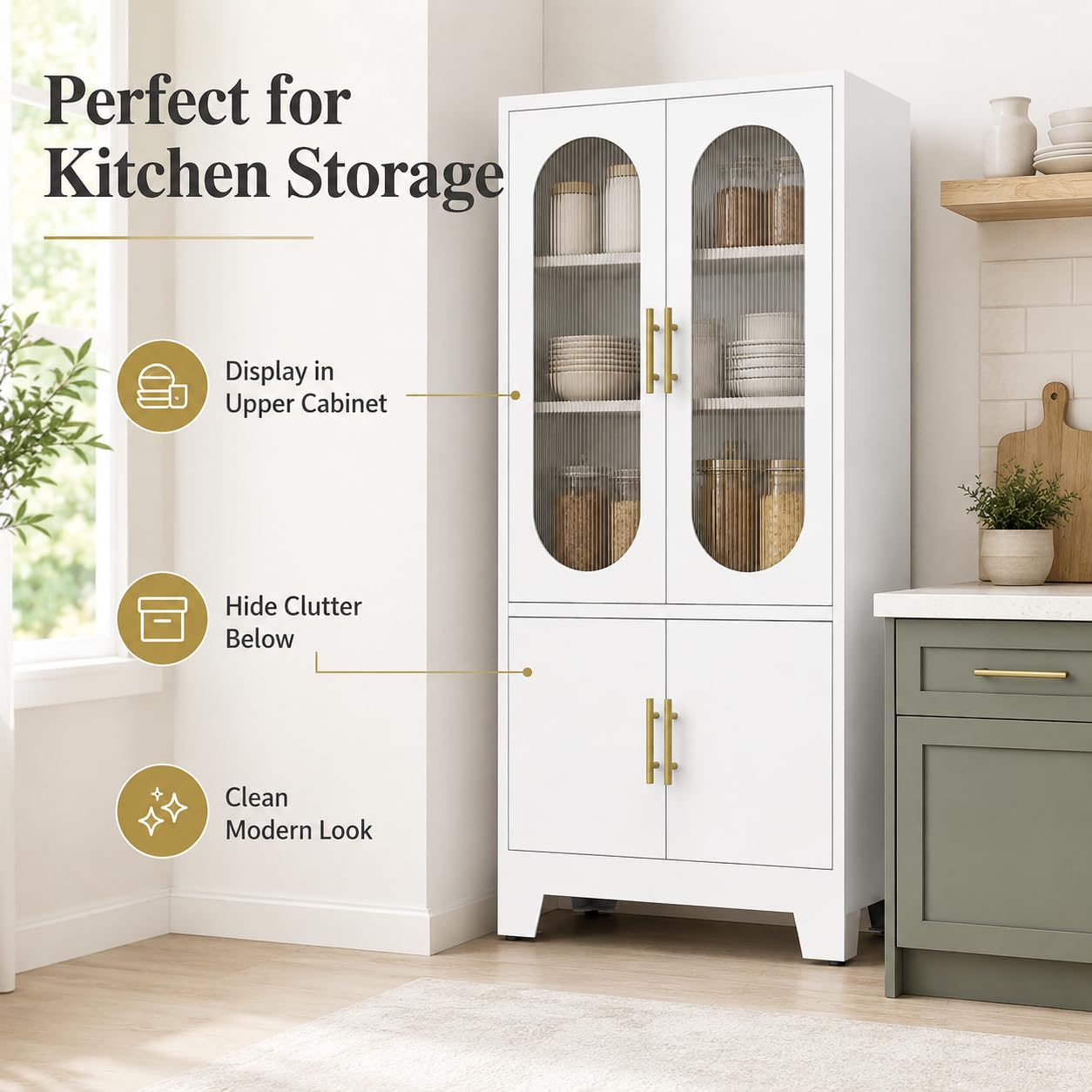 Garvee 74" H Tall Storage Cabinet, Freestanding Pantry Cabinet, Frosted Glass and Fluted Doors, 4 Door Cabinet with Adjustable Shelf, for Kitchen, Bathroom, Dining Room, Living Room, Office, White