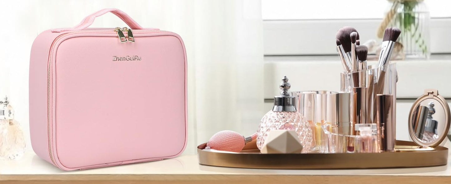 Gdsshuhung Makeup Bag with Mirror and Light, Cosmetic Travel Case with Mirror, Large Makeup Organizer with Mirror, Portable Makeup Case with Mirror for Women (Pink)
