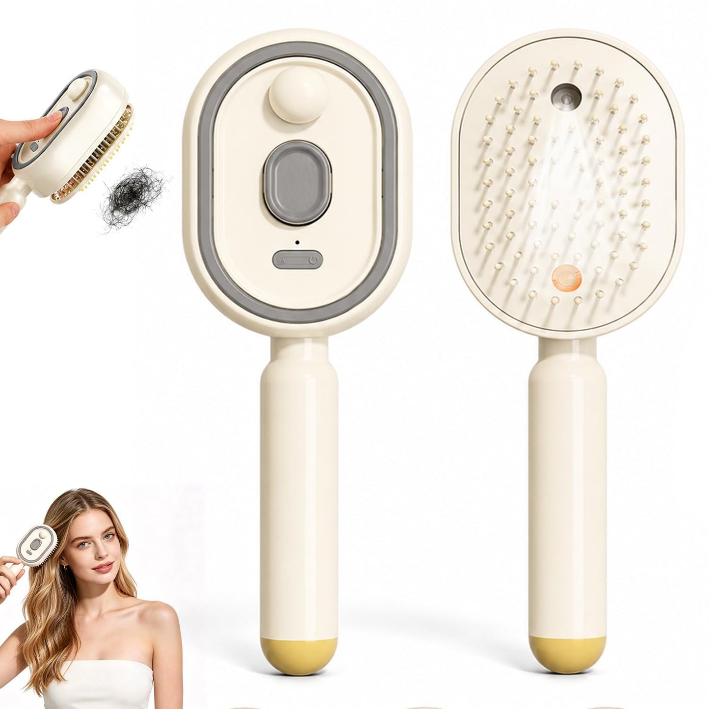2026 Upgraded Electric Steam Brush for Hair, Electric Spray Air Cushion Massage Comb, Detangling Anti-Static Hair Brush with Self-Cleaning, Red Light Scalp Care, Portable Styling Tool (Off White)