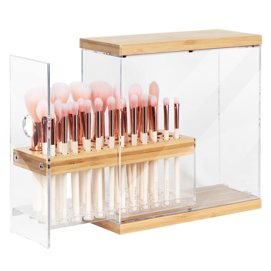 JackCubeDesign MK228C 31-Hole Acrylic Bamboo Brush Holder Organizer with Leather Drawer (Black, 22.3x8.6x21.5 cm)
