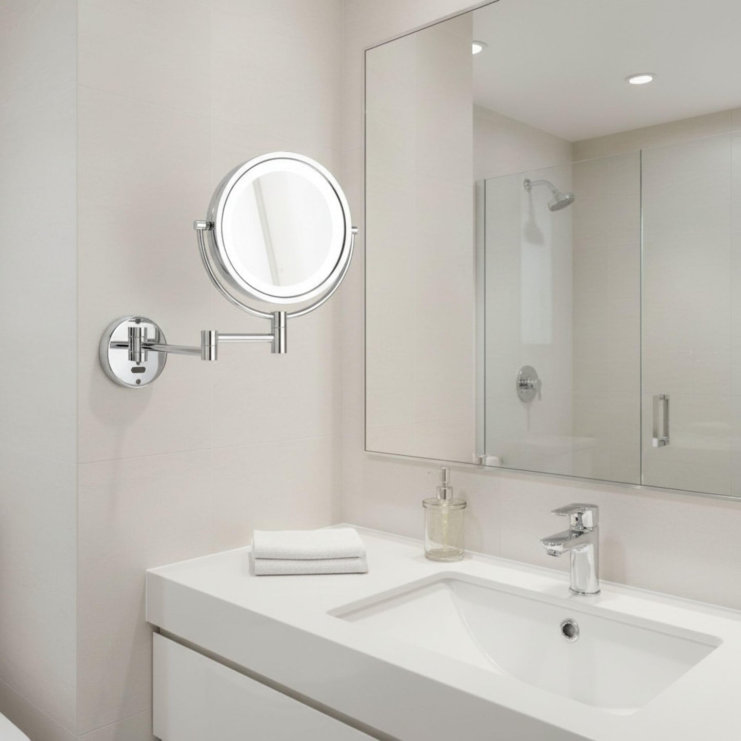 JERDON Sharper Image Wall-Mounted Lighted Motion Sensor Makeup Mirror - 8X-1X Magnification - 8.5-Inch Diameter Mirror Extends 14” - Chrome Finish - Comes with 8’ Charging Cord - Model JRT9500CL