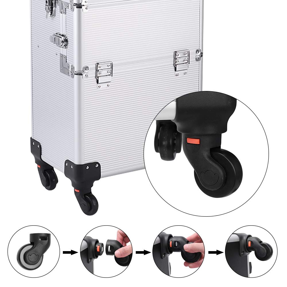 Karl home 3 in 1 Makeup Train Case Rolling Cosmetic Trolley Large Capacity Travel Organizer with Key 360°Swivel Wheels Suitcase for Beauticians Hairstylists Nail Tech Students, Silver