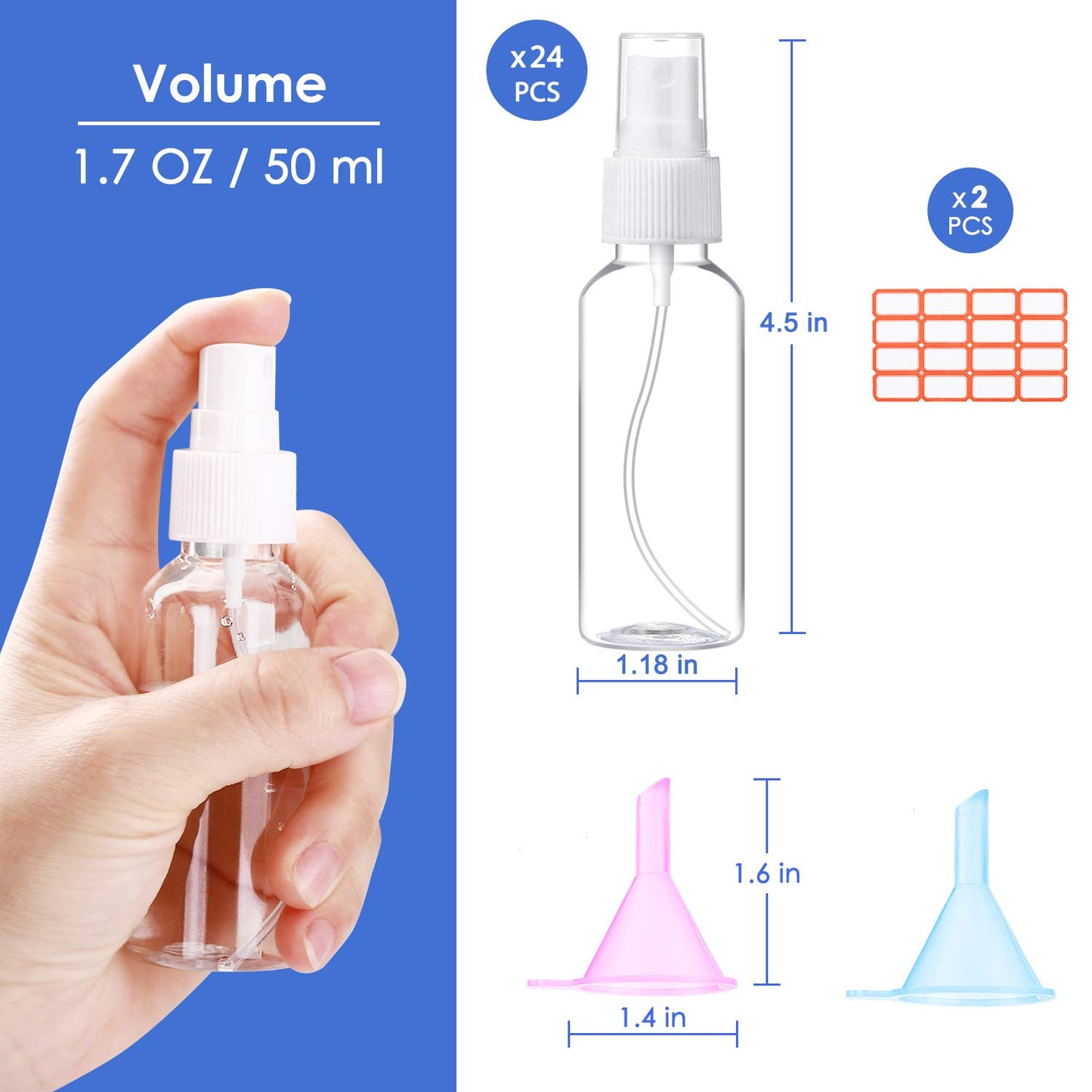 24 Pcs Spray Bottles 2oz / 55ml Clear Empty Mini Spray Bottles Refillable Container Pocket Size Sprayer Set Essential Oils Travel Cleaning Makeup Bottles with 2pcs Funnels 32pcs Labels