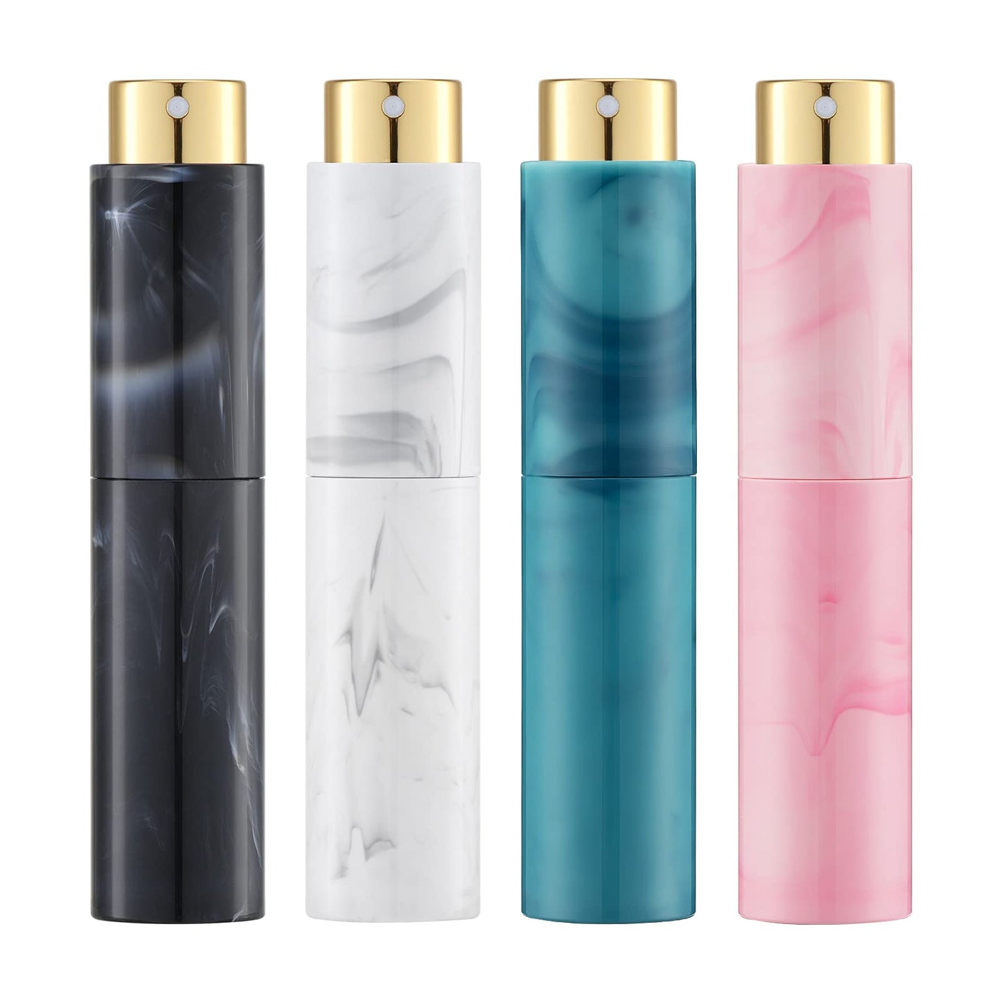 Tekson 10ML Perfume Atomizer Travel (4 PCS), Refillable Cologne Containers, Dispenser Spray Empty Bottle for Mini Sprayer Size (Black&Pink&White&Blue, Marble)