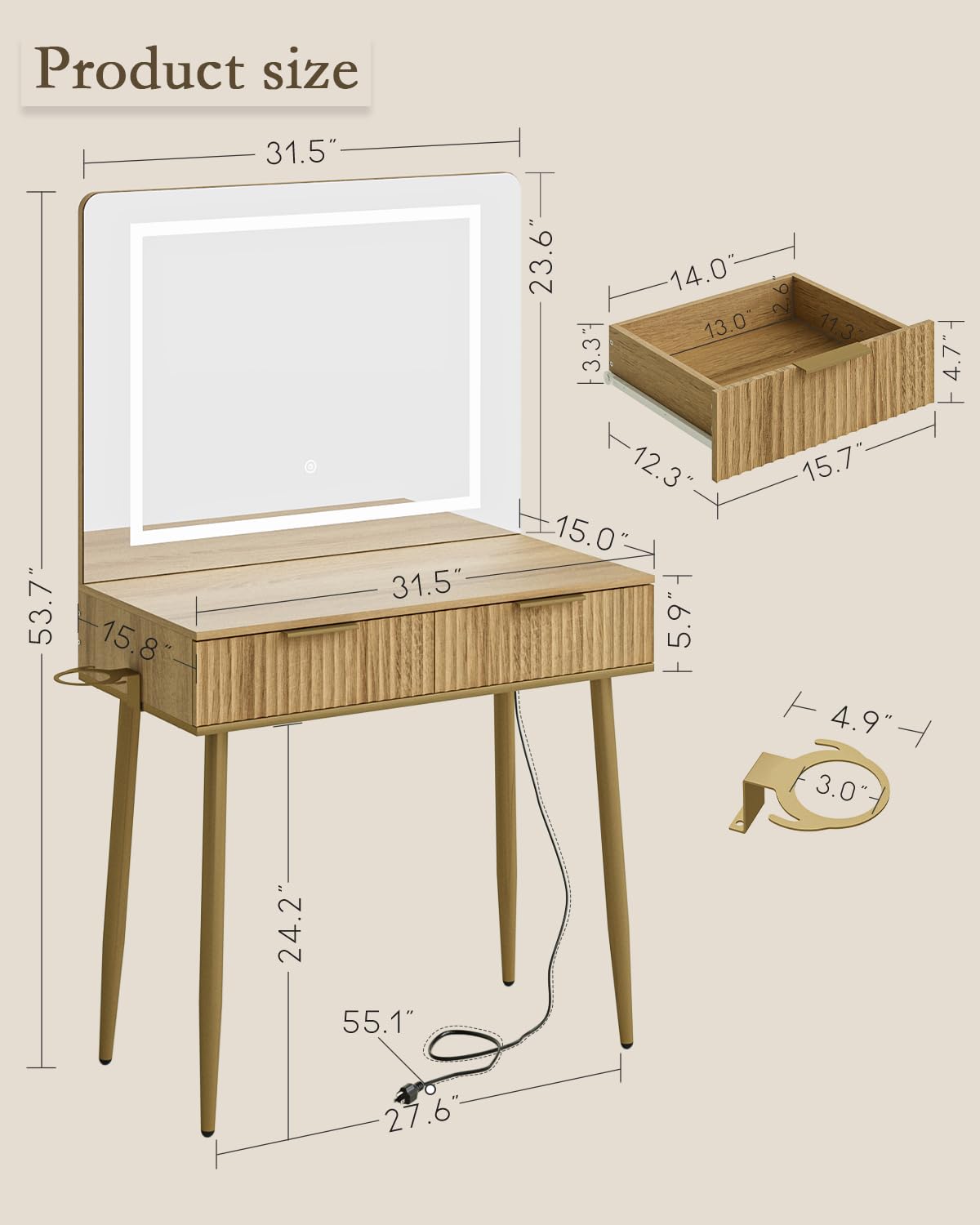 Apetaccat Vanity Desk with Large Mirror and Lights, Small Makeup Vanity Table with 2 Drawers, Dressing Table with 3 Adjustable Lighting Color, Small Makeup Desk for Bedroom, Natural with Gold Leg