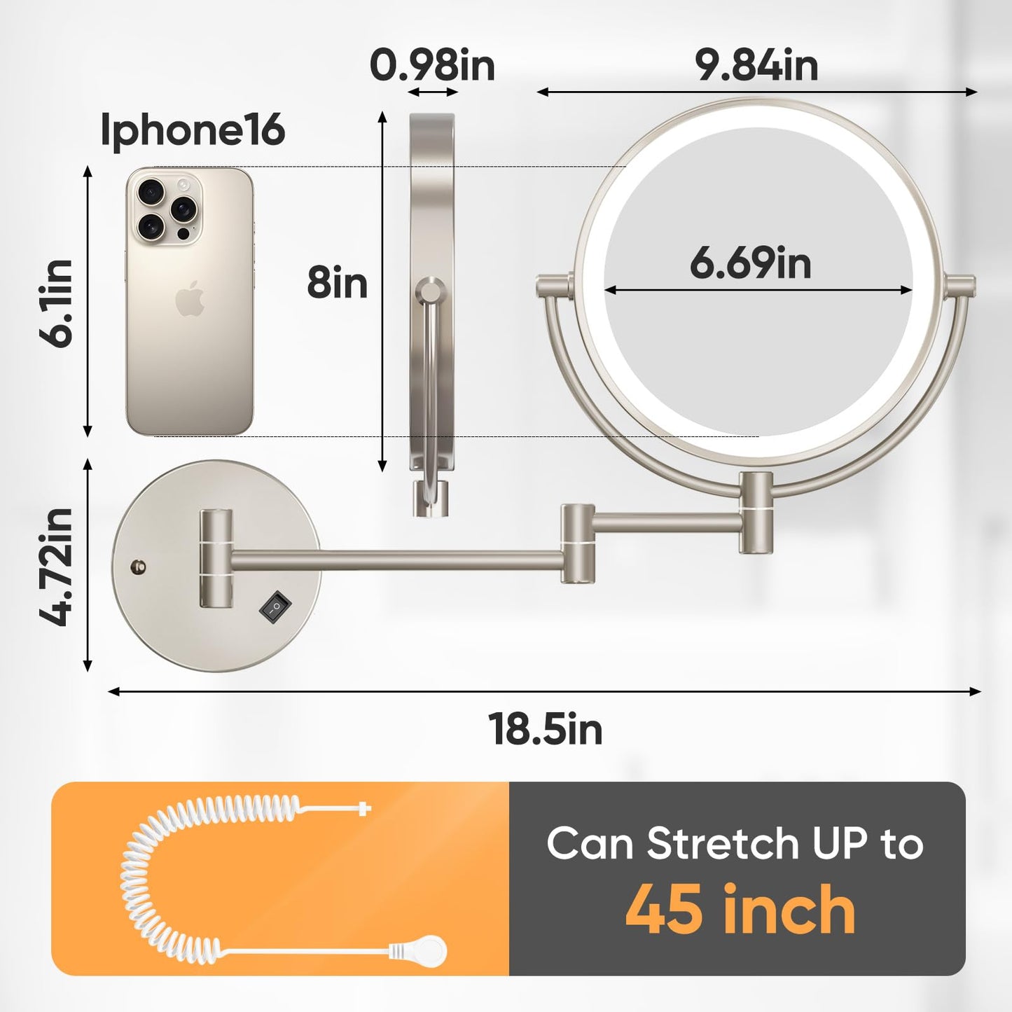 FUNTOUCH 1X/30X Wall Mounted Lighted Makeup Mirror,AC Plug in Powered Double Sided Magnifying Bathroom Mirror with Lights,3 Color Lights Mode,Touch Dimmable,Extended Arm 360 Rotation Light up Mirrors