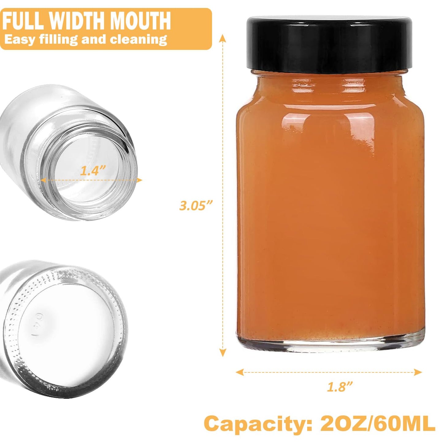 2 oz Small Clear Glass Bottles with Lids - 12 Pcs Wide Mouth Shot Bottles with Caps for Ginger Shots, Juice, Potion, Liquids, Whiskey - Mini Travel Bottles with Funnels, Stickers (12PCS-Clear)