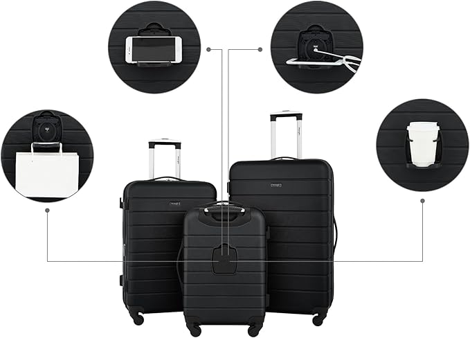 Wrangler Smart Luggage Set with Cup Holder and USB Port, Black, 3 Piece Set