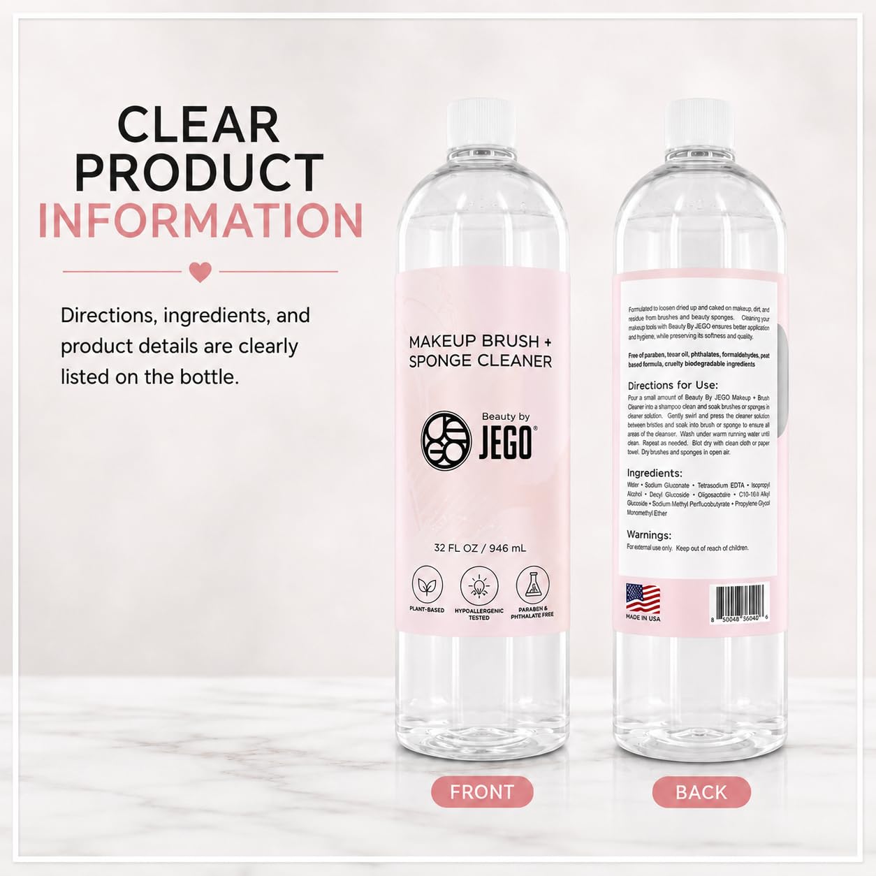 JEGO Makeup Brush + Sponge Cleaner Solution - Ideal for Removing Makeup, Dirt, & Oil - Make Up Brush Cleanser - Hypoallergenic & Plant-Based Solution - 32 Oz