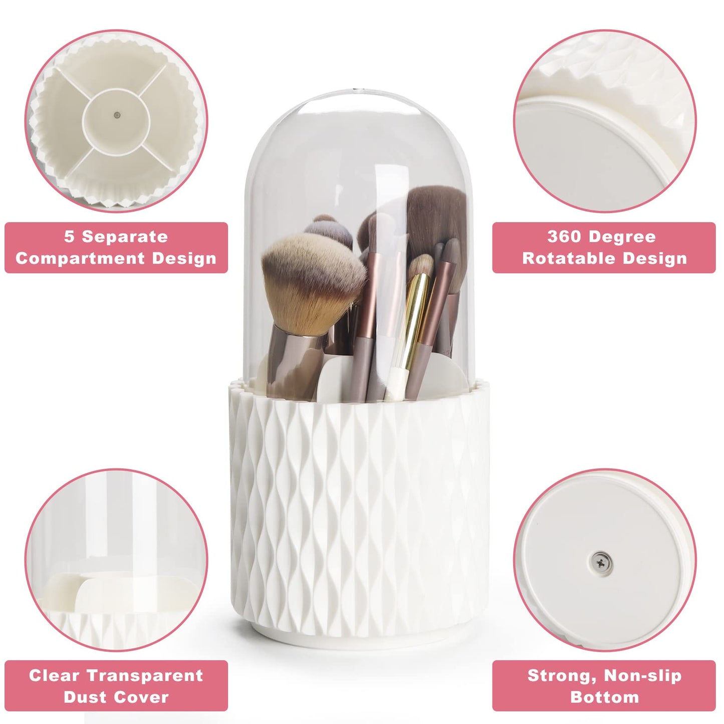 HSSPANFN Makeup Brush Holder Organizer with Lid -360° Rotating Dustproof Make Up Brushes Container with Clear Acrylic Cover, Spinning Cosmetics Holders Storage Cup with 5 Compartment