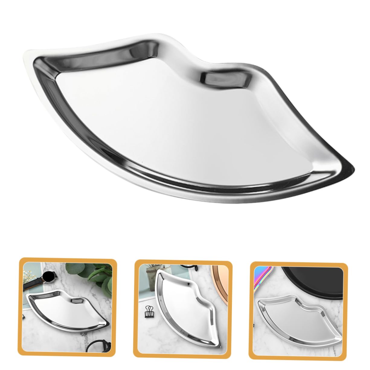 SOESFOUFU Stainless Steel Lip Shaped Jewelry Tray Elegant Metal Display Plate for Accessories Cosmetics and Jewelry Storage Silver