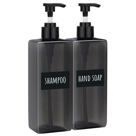 Segbeauty 16.9oz Shampoo Container, 3pcs Pump Press Dispenser with Labels, 500ml Empty Plastic Refillable Lotion Body Soap Liquid Kitchen Soap Dispensers, Gray Bathroom Shower Containers for Women