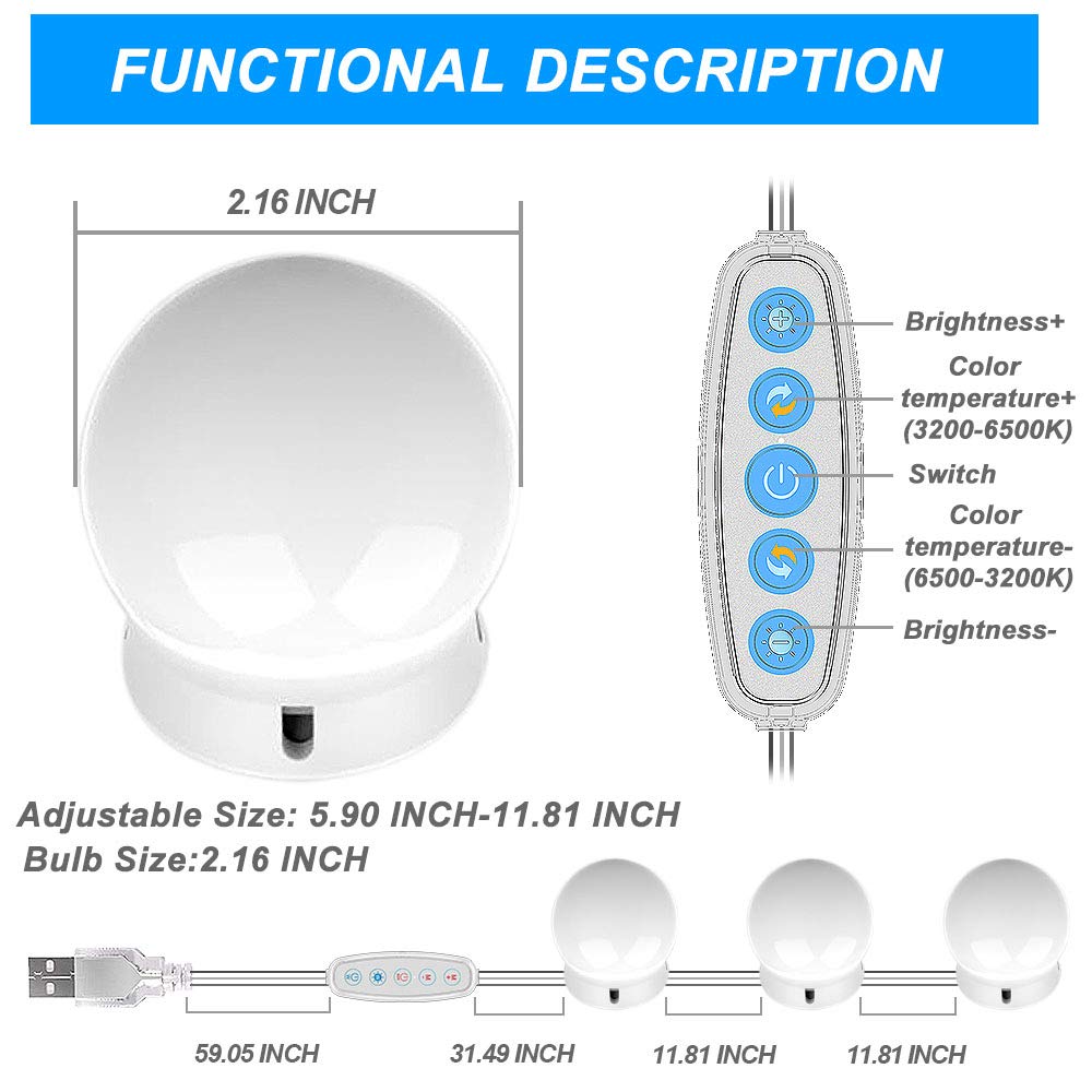 SICCOO Vanity Mirror Lights, 10 Dimmable Bulbs DIY Hollywood Style LED Makeup Mirror Lights with USB Cable, Lighting Fixture Strip for Makeup Dressing Table Bathroom Dressing Room etc, White