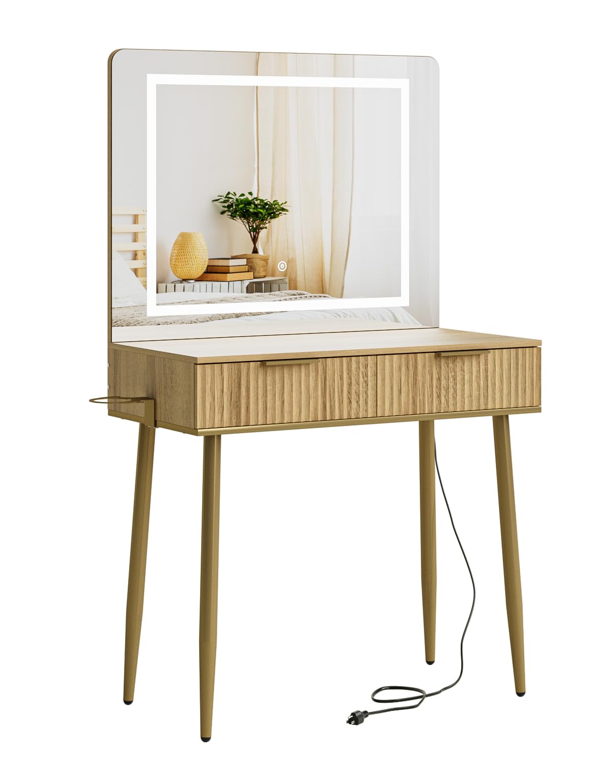 Apetaccat Vanity Desk with Large Mirror and Lights, Small Makeup Vanity Table with 2 Drawers, Dressing Table with 3 Adjustable Lighting Color, Small Makeup Desk for Bedroom, Natural with Gold Leg