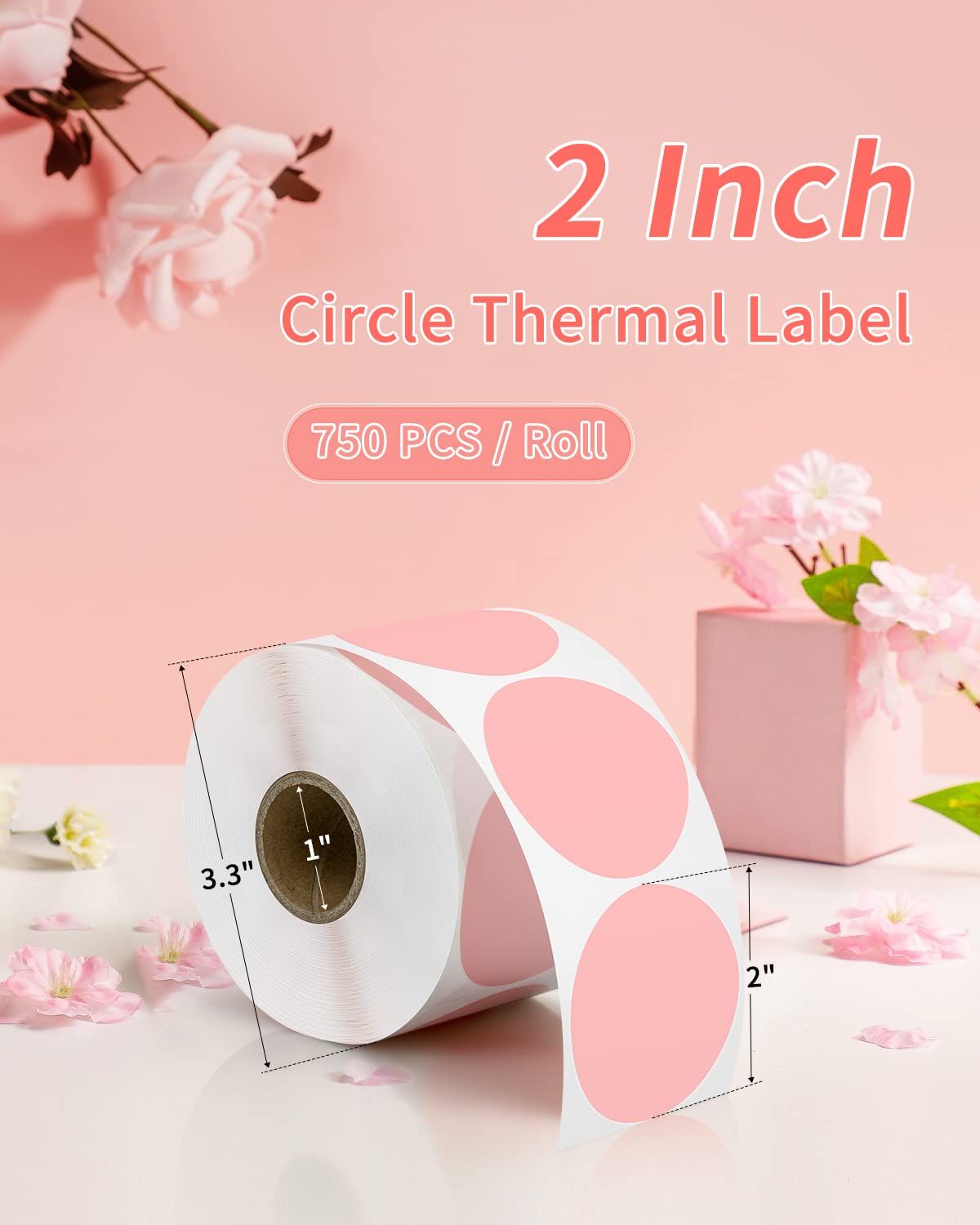 2 Inch Round Direct Thermal Sticker Label - 750 Labels/Roll, Compatible with JADENS, Nelko, Phomemo, Label Printers, Waterproof, Oilproof, BPA-Free, Easy to Peel, for Home, Office, Pink