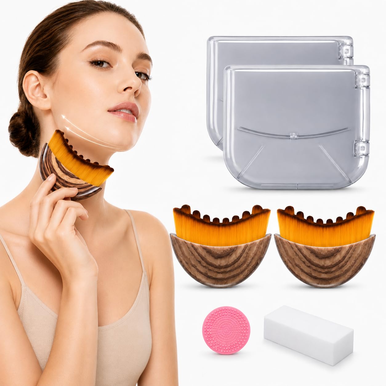 2 Pcs Lymphatic Contour Face Brush, Lymphatic Drainage Brush for Facial Sculpting & Skin Depuffing,Face Brush for Lymphatic Drainage, Soft Bristles,Cover,Sponge & Cleaning Mat, Detox&Lift Massage Tool
