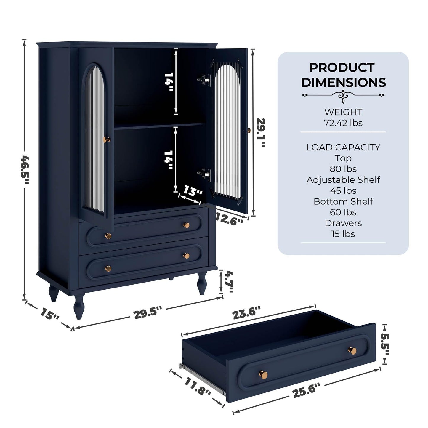 46.5'' Tall Buffet Cabinet with Arched Fluted Glass Doors and Drawers,Modern Accent Cabinet with Solid Wood Legs,Wooden Storage Cabinets for Living Room,Dining Room Hallway Entryway,Navy Blue