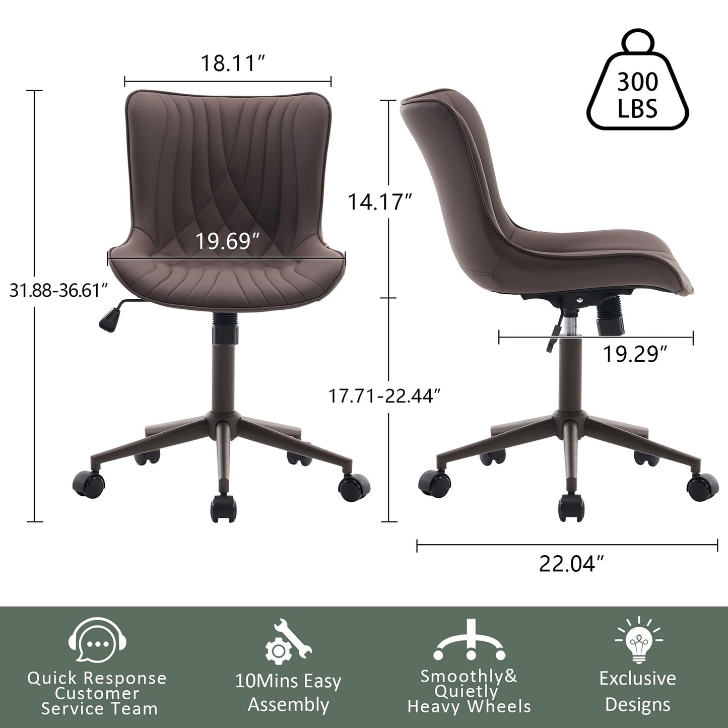 YOUTASTE Armless Office Desk Chair with Wheels, Adjustable Swivel Vanity Chair, PU Leather Upholstered, Ergonomic Back Support, Modern All Brown Computer Chair for Home Office, Bedroom, Study
