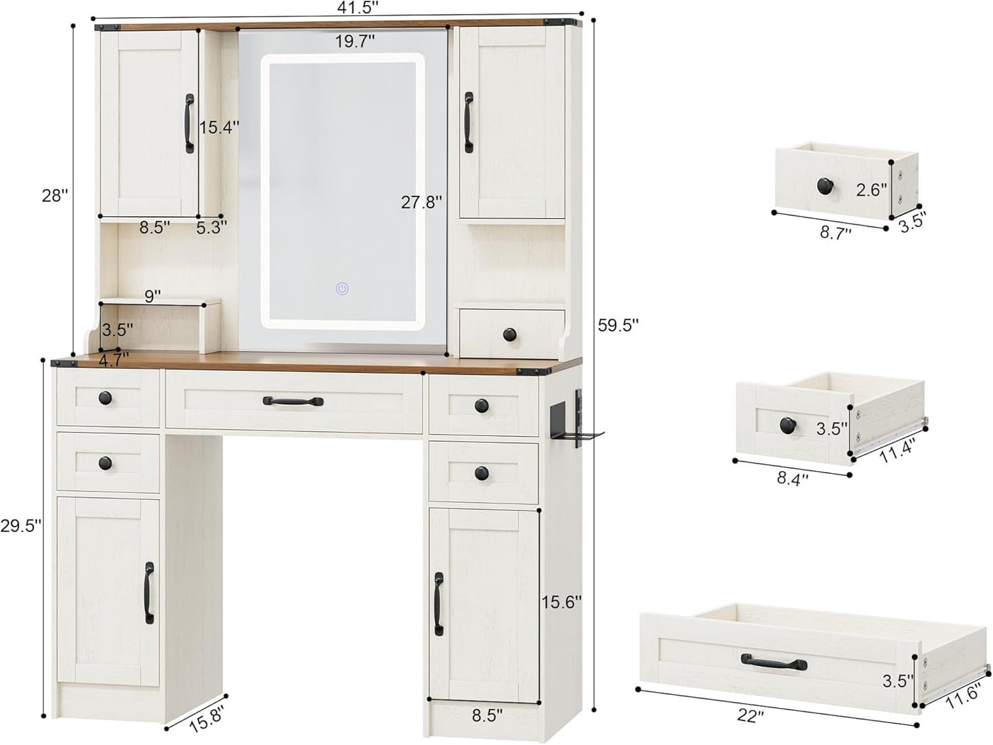 YBXGO Makeup Vanity with Mirror and Light, 3 LED Lighting Modes, Large Dressing Table with 5 Drawers & 4 Storage Cabinets, Vanity Desk with Hair Dryer Rack for Girls Bedroom（045 Brown ）
