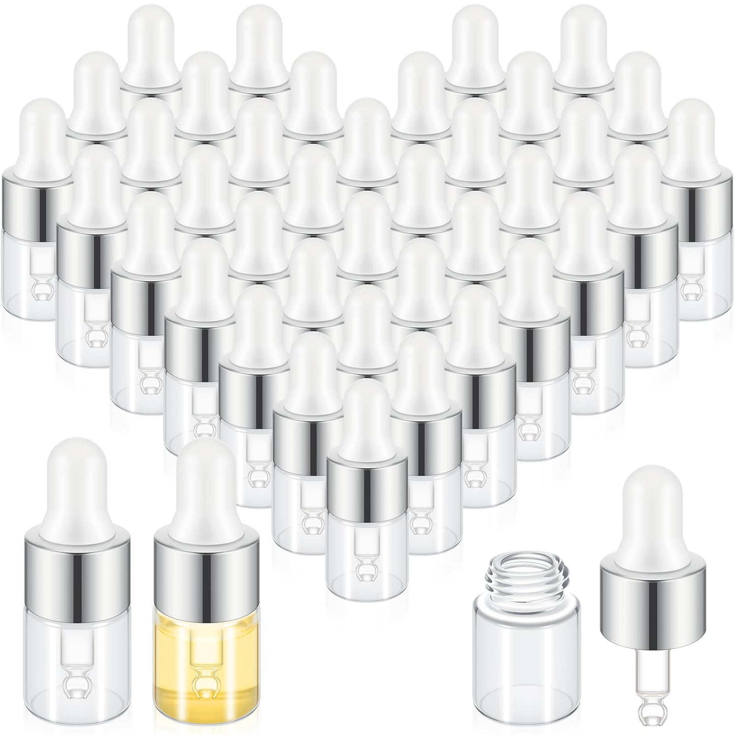 Didaey 100 Pcs 2 ml Mini Glass Oil Dropper Bottle Bulk, Clear Essential Small Empty Bottles Sample Containers Perfume Liquid Vials with Cap for Traveling (Classic Silver)