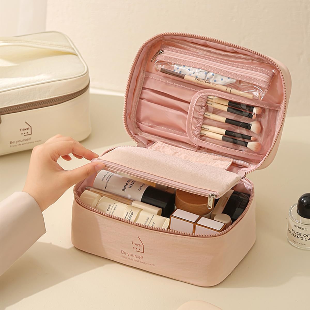 PLOPONOM Makeup Bag Large Capacity Travel Toiletry Bag,Double zipper Cosmetic Bag with Handle,Pink Women's Travel Makeup Organizer,Cute Lightweight Makeup Pouch,Portable Skincare Storage Bag