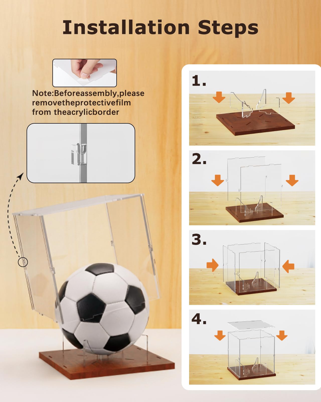 Fitense Soccer Ball Display Case with Solid Wood Base, UV Protected Clear Acrylic Box, Removable Transparent Holder for Autographed Balls, Sports Collectibles & Memorabilia Display
