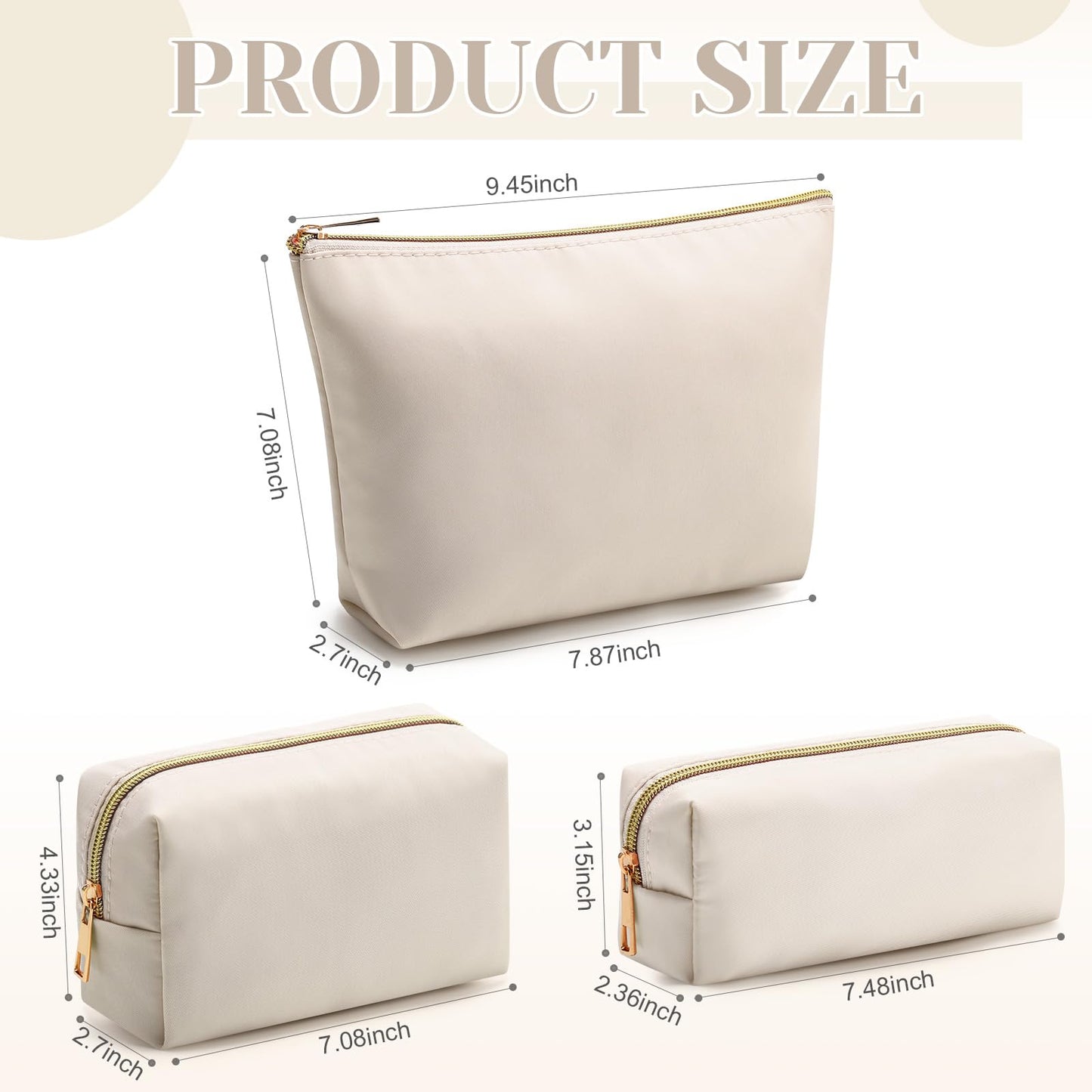 Kigeli 3 Pcs Nylon Makeup Bag Set for Women Aesthetic Cosmetic Bag with Interior Pocketes Preppy Cute Purse Pouch Makeup Brushes Storage Organizer for Travel(Beige)